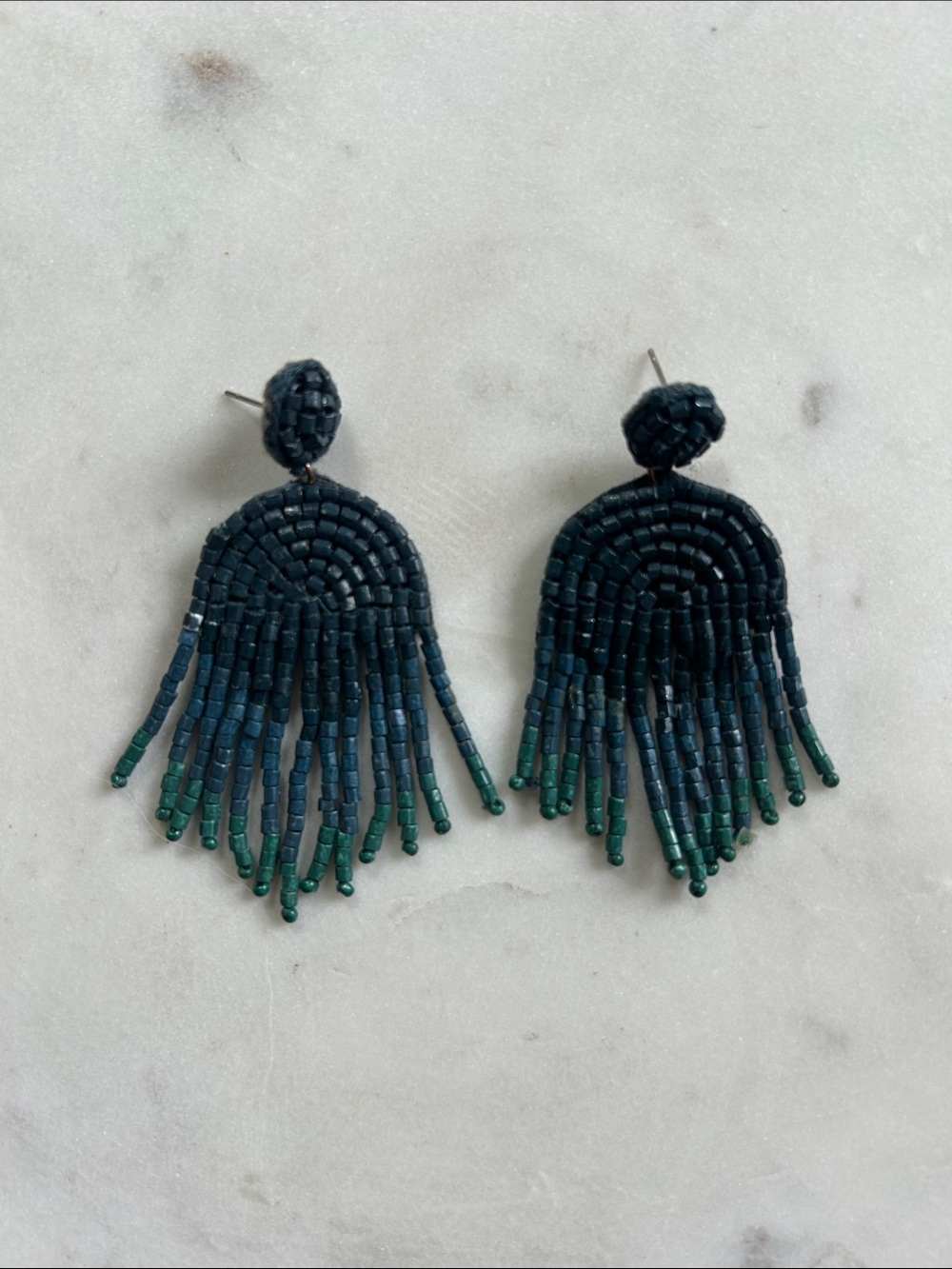 Anthopology Handmade Dark Blue and Green Beaded Fringe Drop Earrings